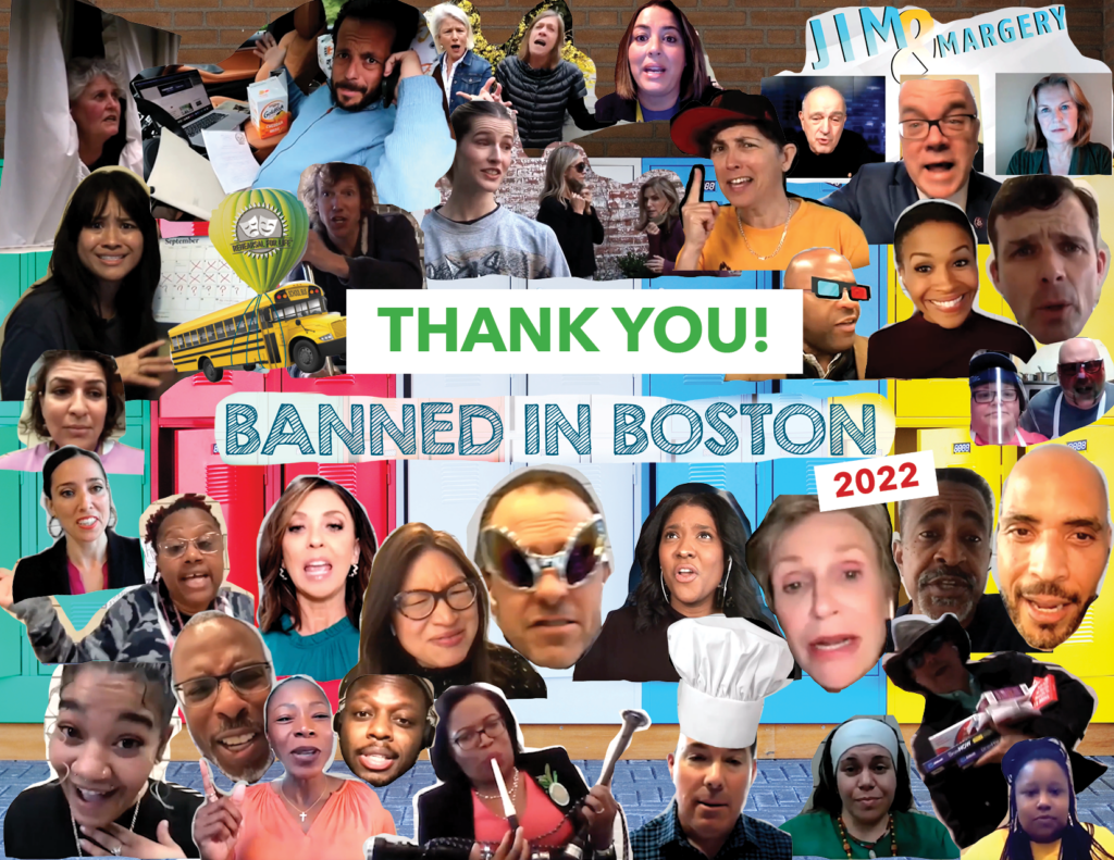 A bunch of head cutouts with crazy hats and glasses on are over-layed onto a background of colorful lockers. Text reads "Thank you Banned i Boston."